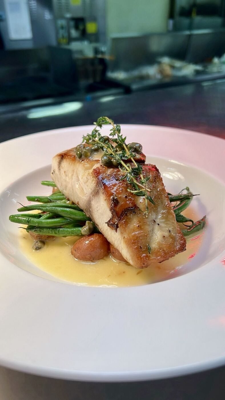 Seared fish with green beans and capers